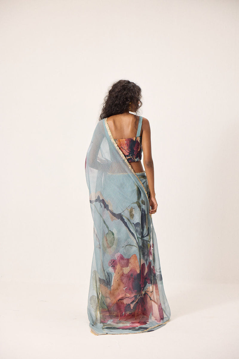 Feirosa Saree with Helen Blouse kota doria & mul by Khara Kapas in blue for women in Singapore