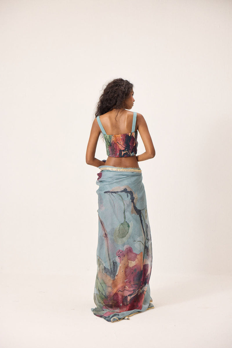 Feirosa Saree with Helen Blouse kota doria & mul by Khara Kapas in blue for women in Singapore