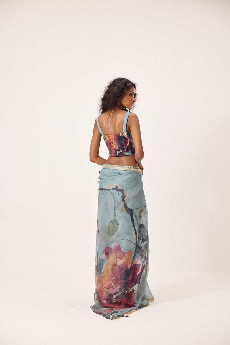 Feirosa Saree with Helen Blouse kota doria & mul by Khara Kapas in blue for women in Singapore
