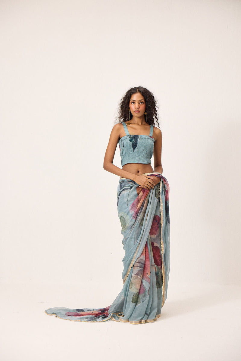 Feirosa Saree with Helen Blouse kota doria & mul by Khara Kapas in blue for women in Singapore