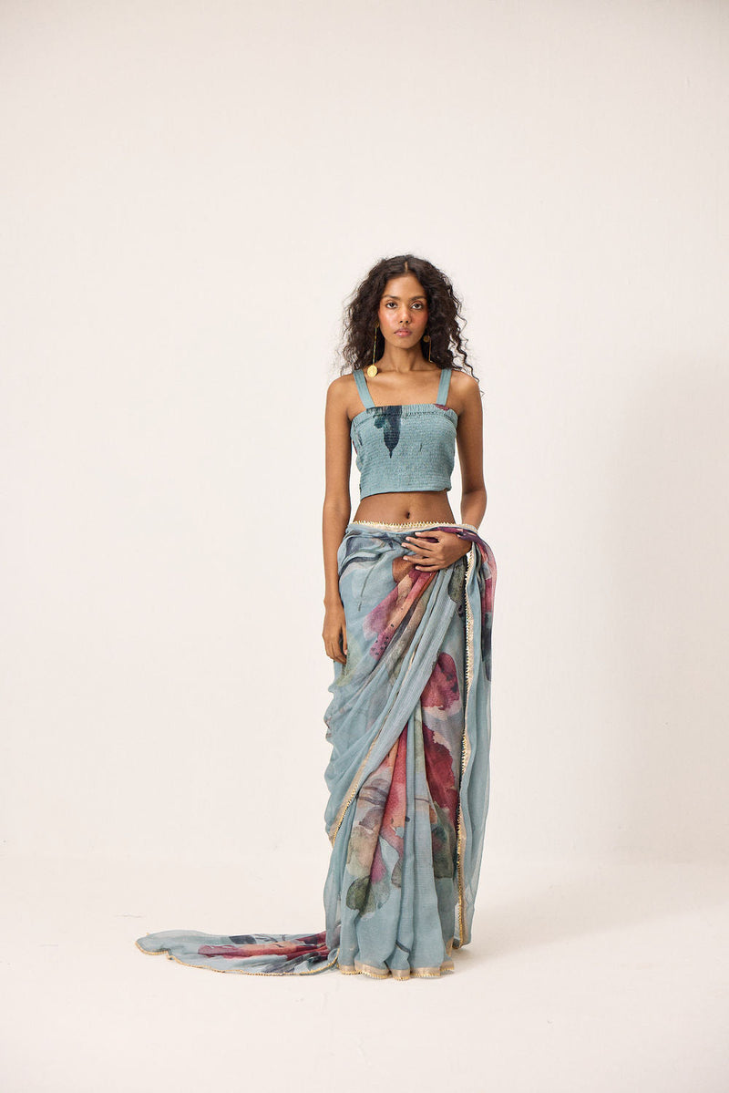 Feirosa Saree with Helen Blouse kota doria & mul by Khara Kapas in blue for women in Singapore