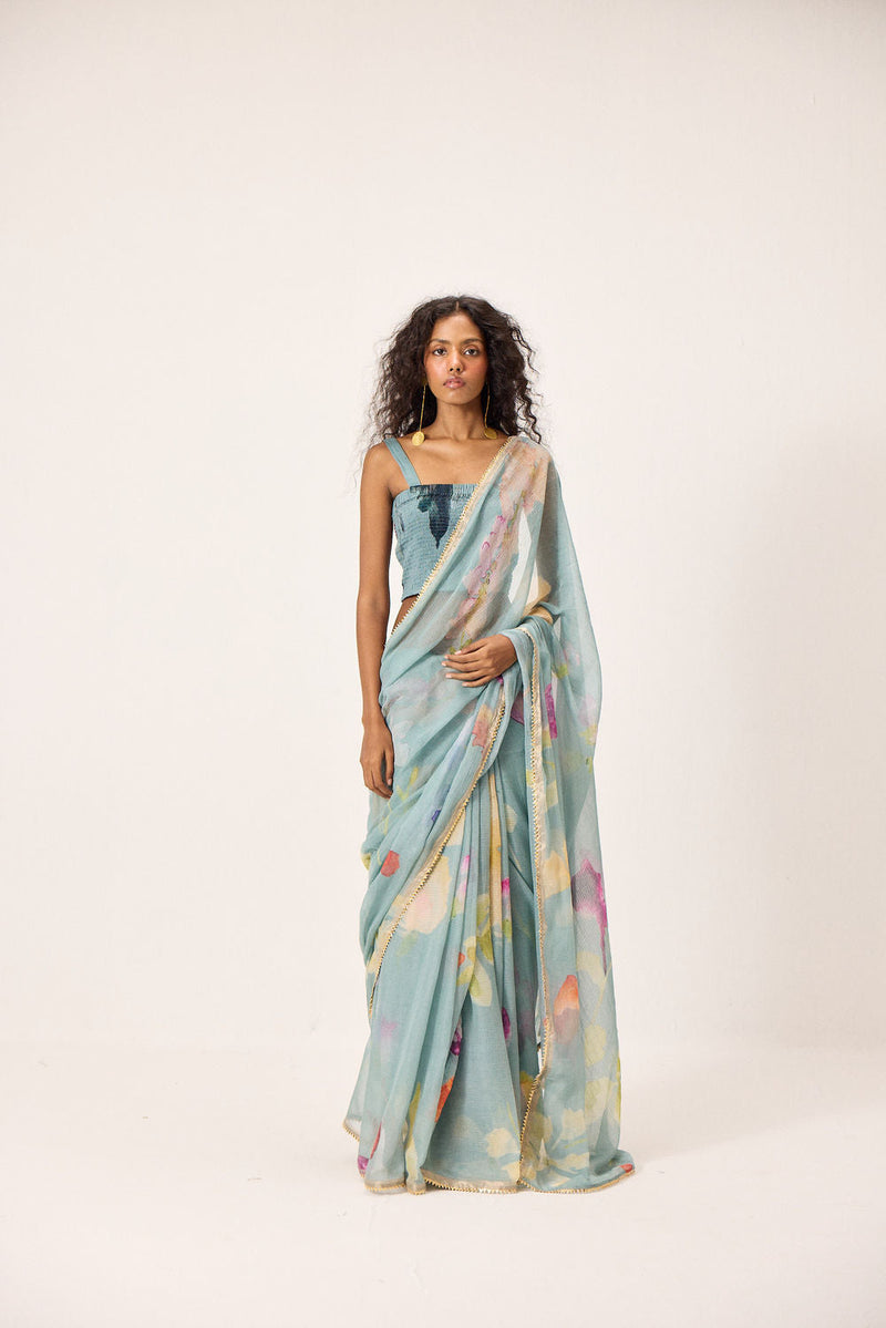 Helen Saree Set kota doria by Khara Kapas in blue for women in Singapore