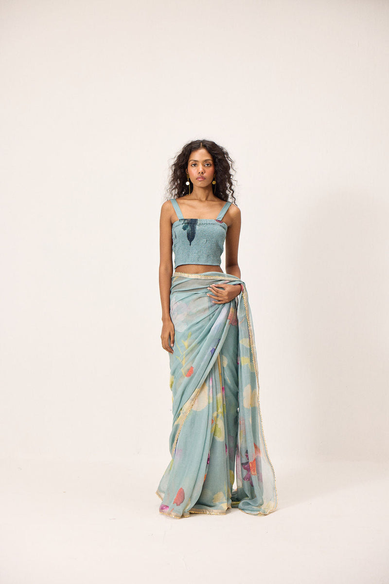 Helen Saree Set kota doria by Khara Kapas in blue for women in Singapore