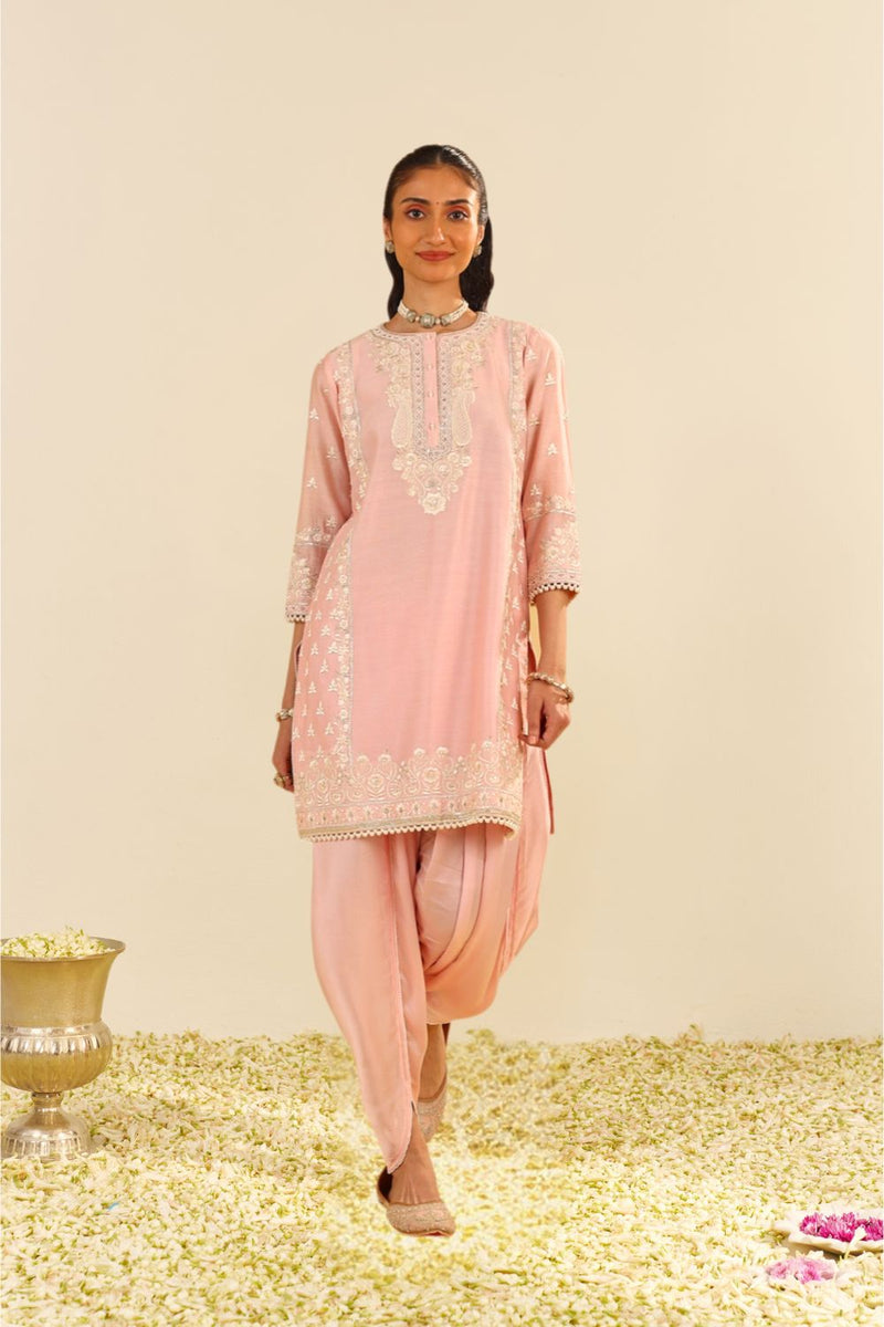 Zaisha - Short Kurta With Dhoti-Blush Pink silk by SHEETAL BATRA in blush color for women in Singapore