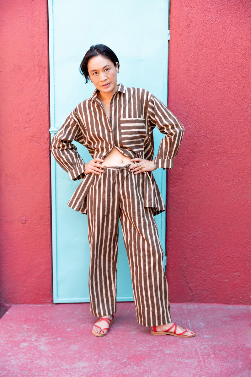 Artist Smock — Dumbo Stripes cotton by World of Crow in brown color for women in Singapore