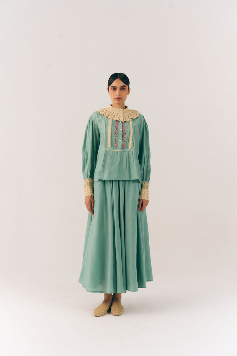 Audrey Top-Aqua Floret cotton silk top and shirts by CORD in multi-color for women in Singapore