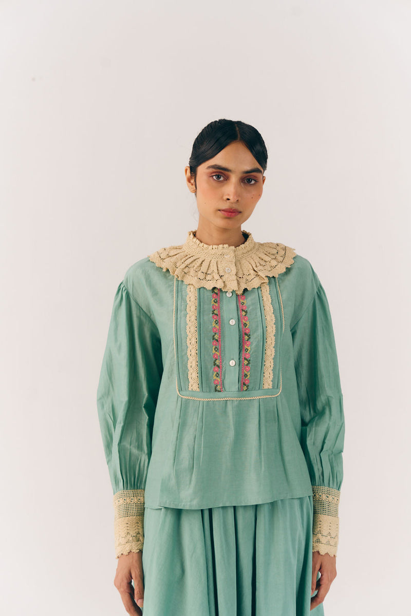Audrey Top-Aqua Floret cotton silk top and shirts by CORD in multi-color for women in Singapore