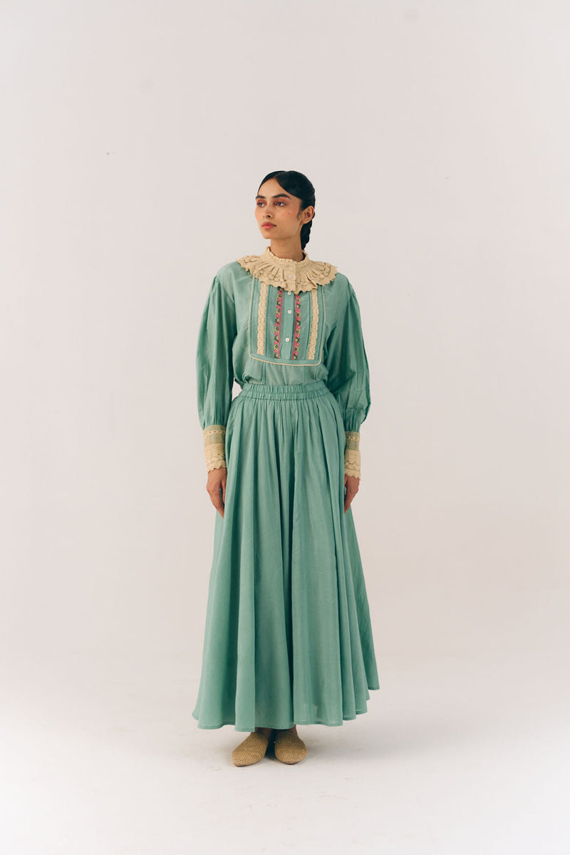 Umbrella Skirt-Aqua Floret cotton silk skirt by CORD in multi-color for women in Singapore