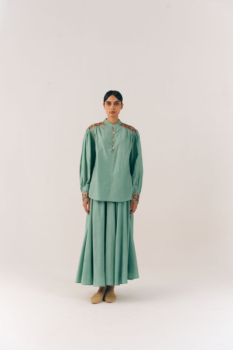 Peasent Top-Aqua Fleur cotton silk top and shirts by CORD in multi-color for women in Singapore
