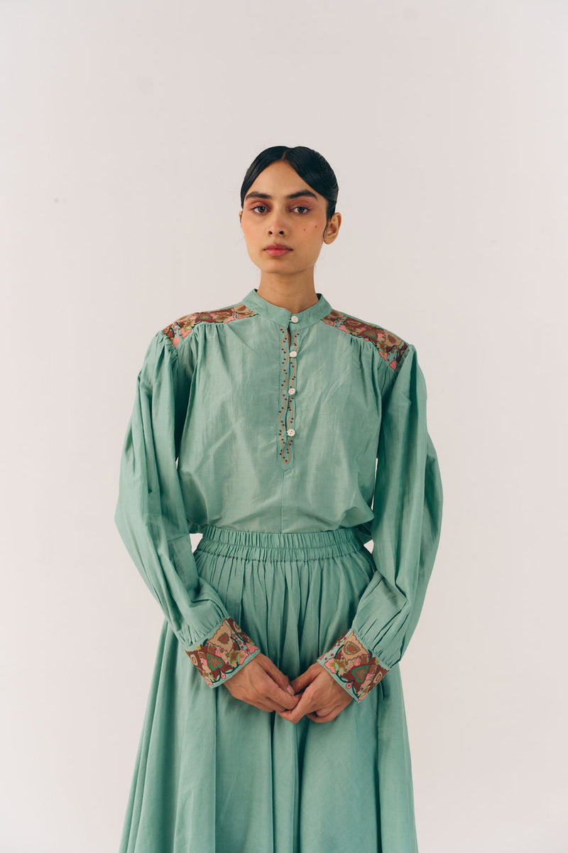 Peasent Top-Aqua Fleur cotton silk top and shirts by CORD in multi-color for women in Singapore
