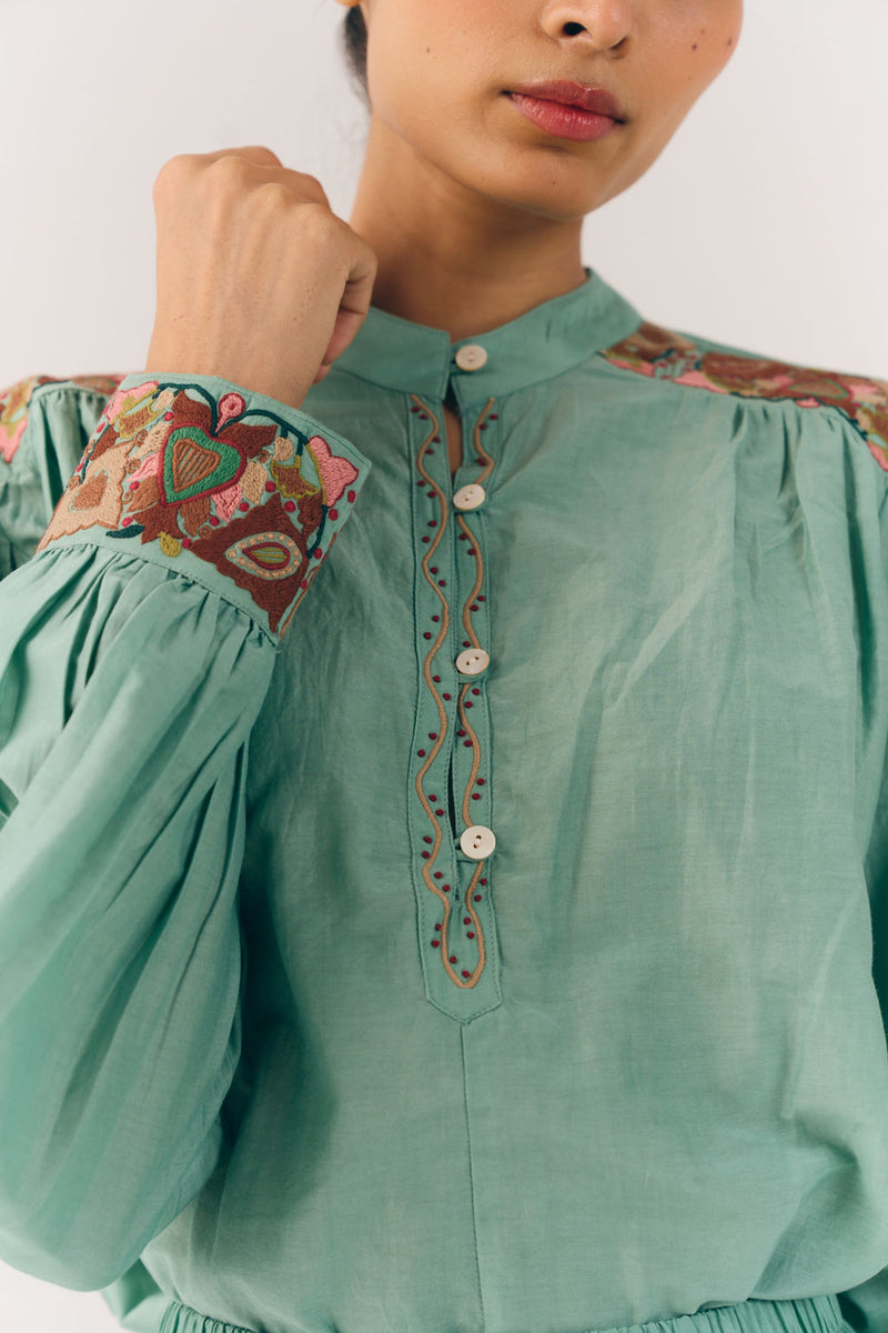 Peasent Top-Aqua Fleur cotton silk top and shirts by CORD in multi-color for women in Singapore