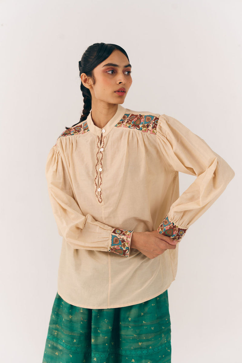 Peasant Top-Ivory Fleur cotton silk top and shirts by CORD in multi-color for women in Singapore