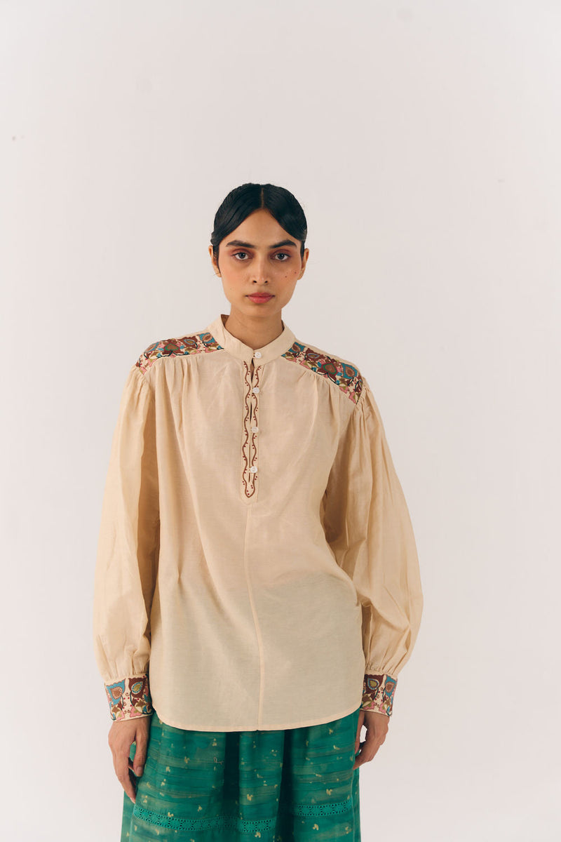 Peasant Top-Ivory Fleur cotton silk top and shirts by CORD in multi-color for women in Singapore
