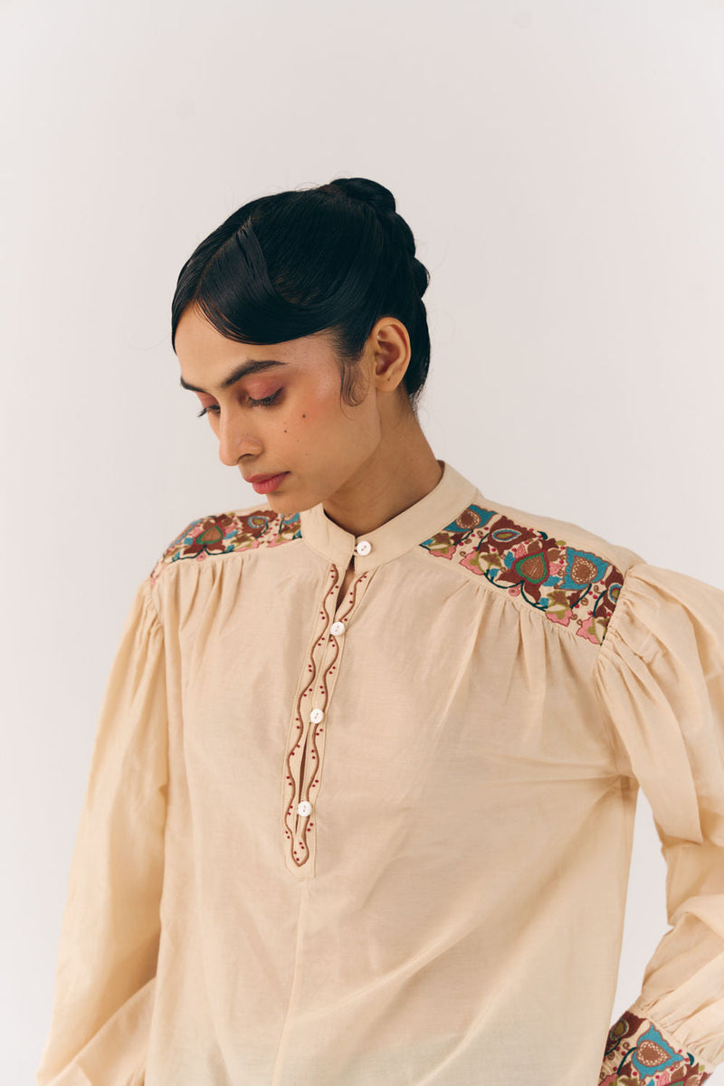 Peasant Top-Ivory Fleur cotton silk top and shirts by CORD in multi-color for women in Singapore