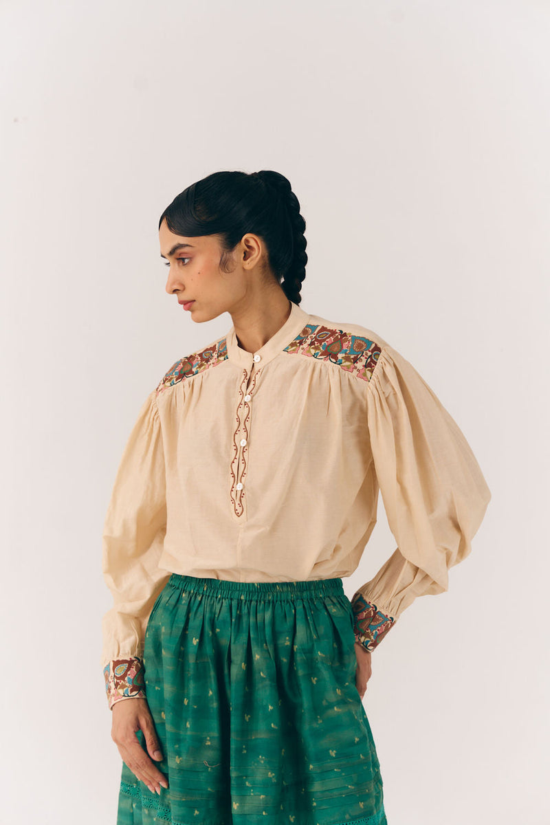 Peasant Top-Ivory Fleur cotton silk top and shirts by CORD in multi-color for women in Singapore