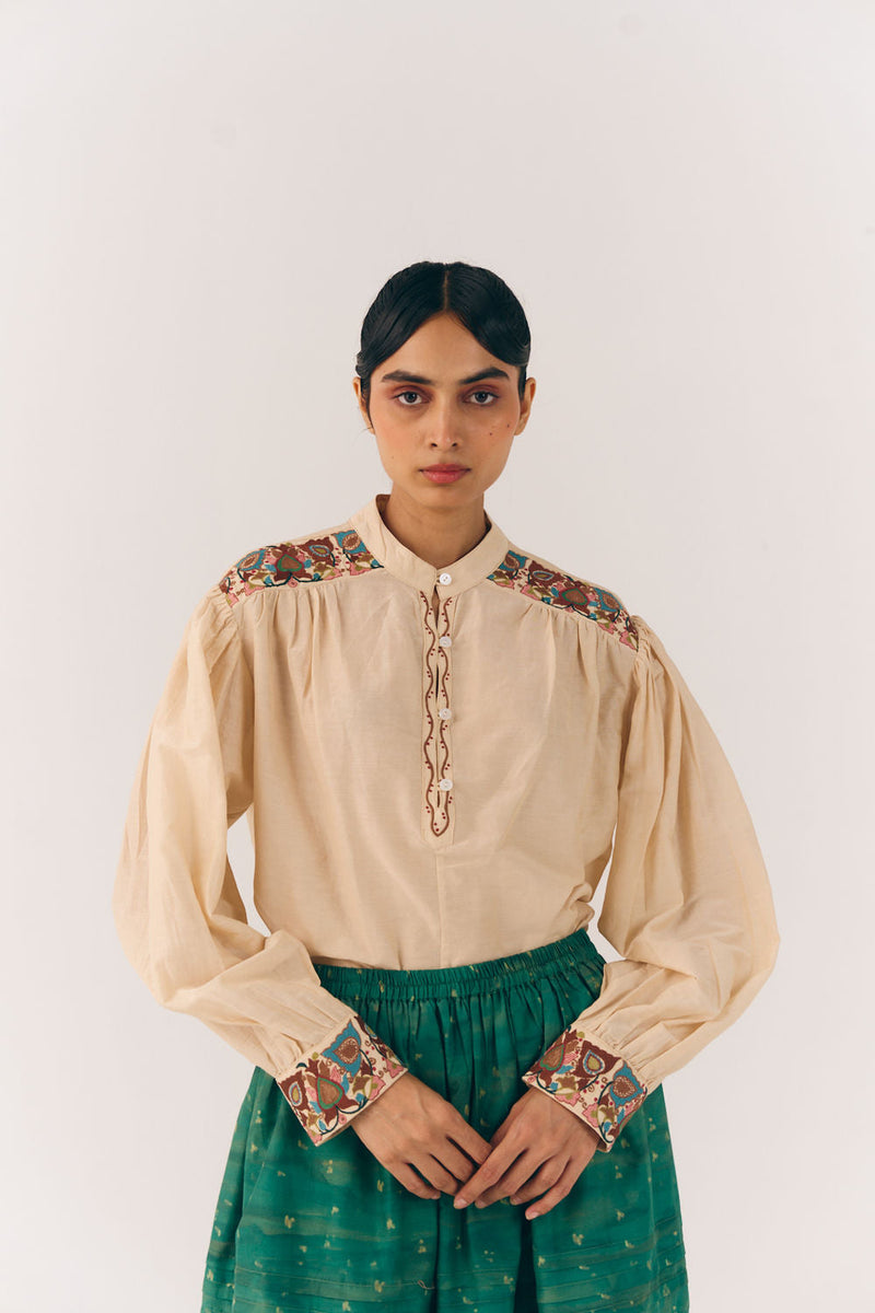 Peasant Top-Ivory Fleur cotton silk top and shirts by CORD in multi-color for women in Singapore