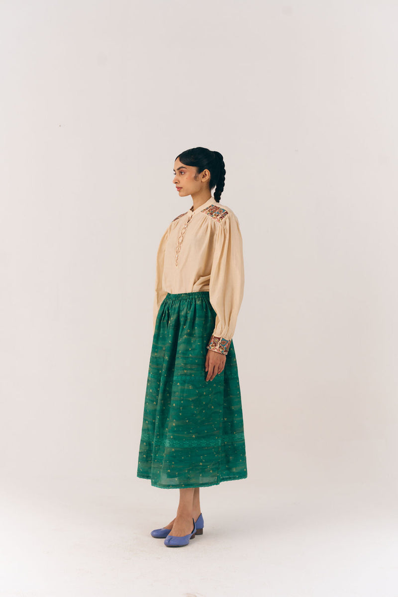 Emily Skirt-Green Tex cotton silk skirt by CORD in multi-color for women in Singapore