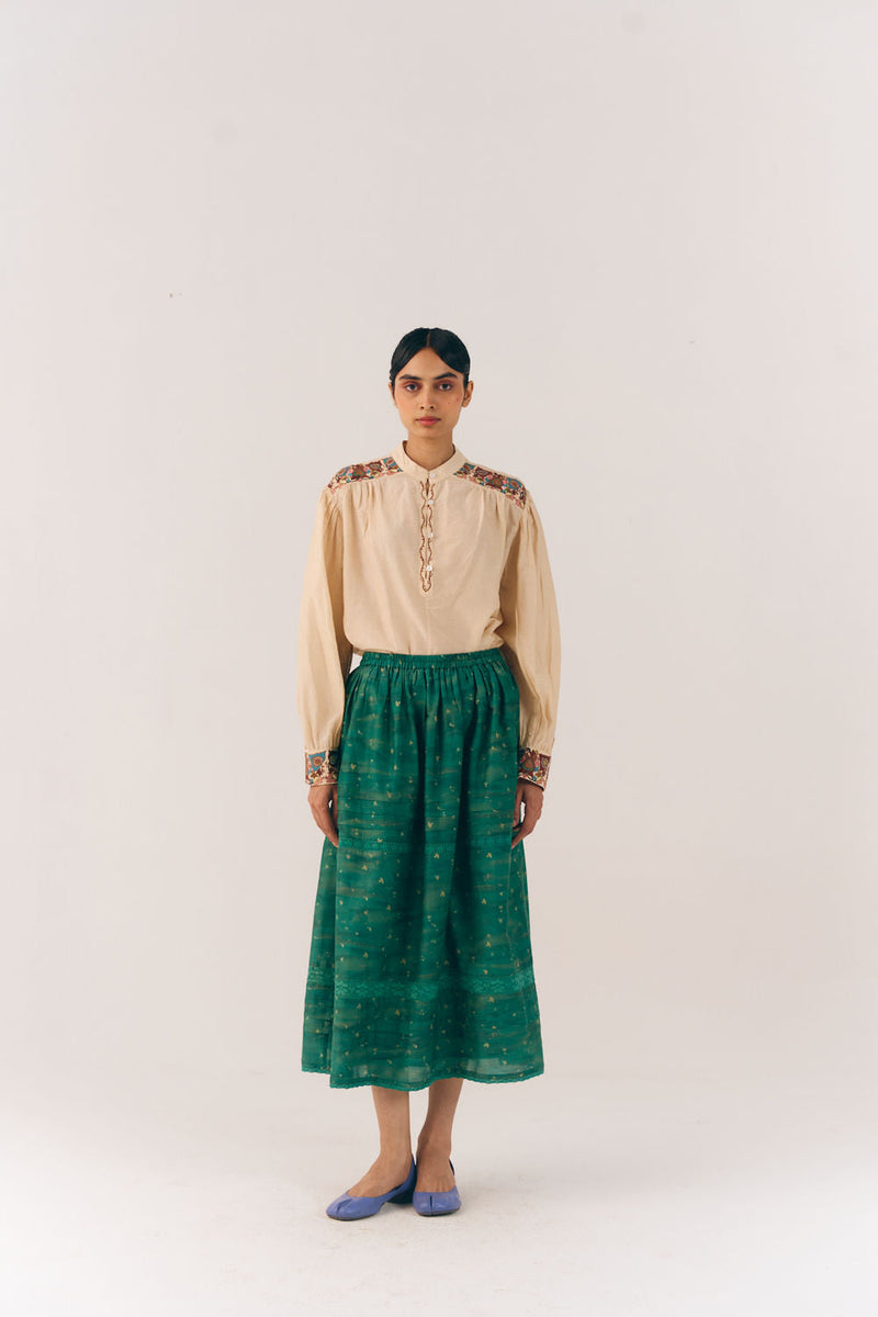Emily Skirt-Green Tex cotton silk skirt by CORD in multi-color for women in Singapore