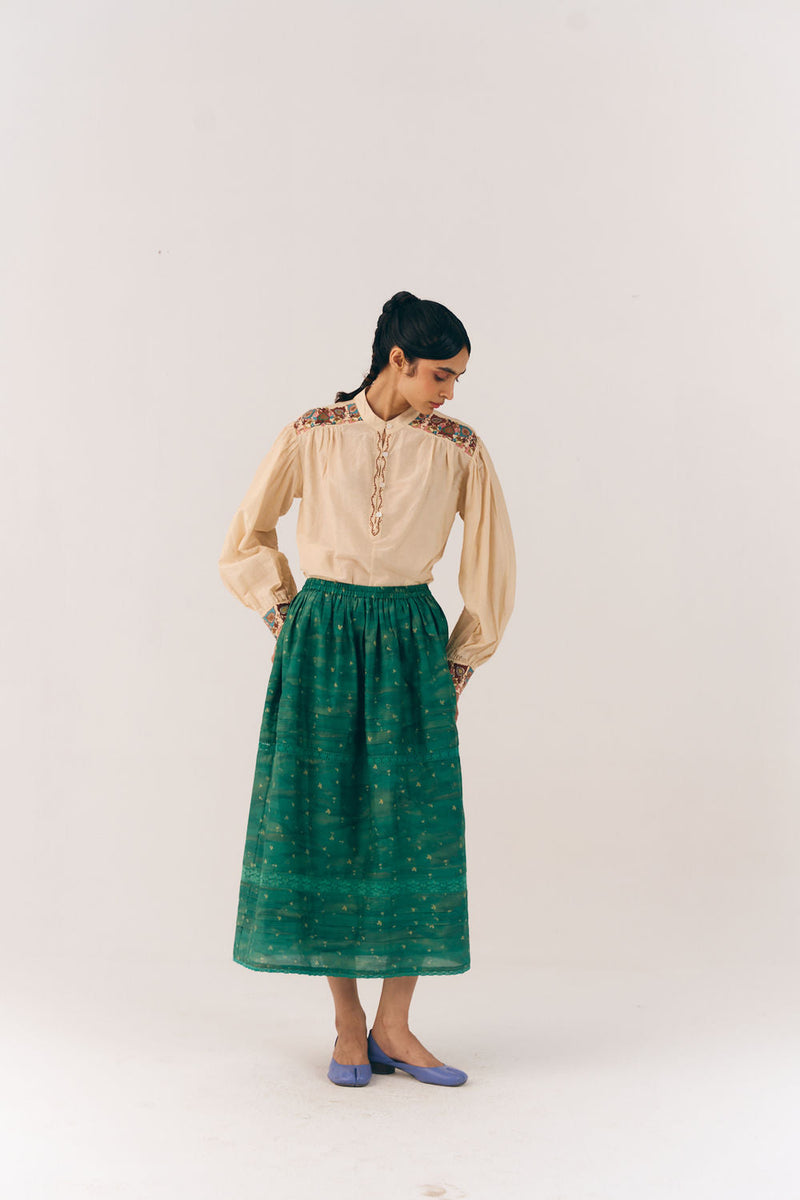 Emily Skirt-Green Tex cotton silk skirt by CORD in multi-color for women in Singapore