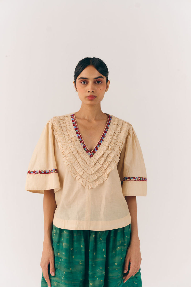 Luna Top-Ivory Floret cotton silk top and shirts by CORD in multi-color for women in Singapore
