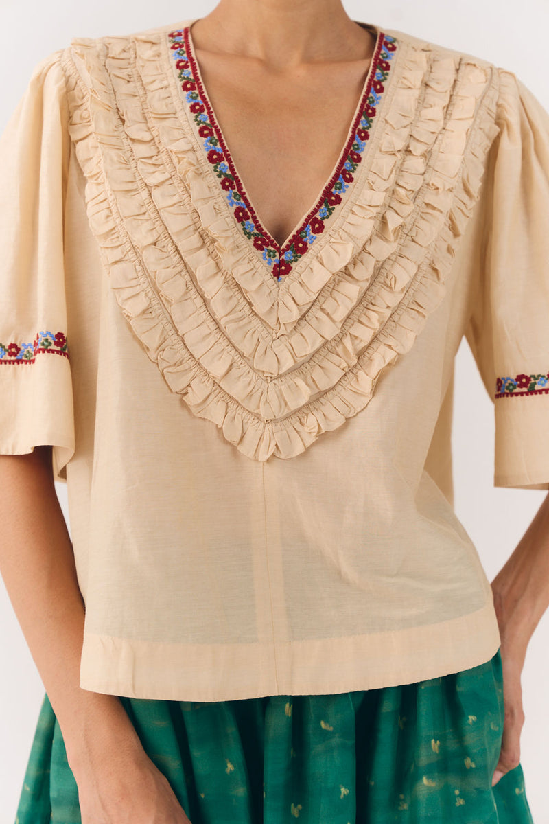 Luna Top-Ivory Floret cotton silk top and shirts by CORD in multi-color for women in Singapore