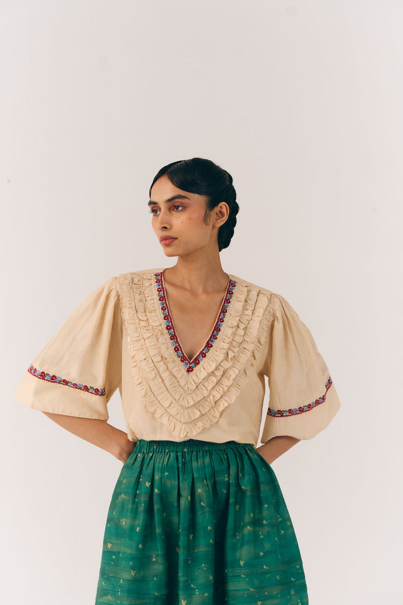Luna Top-Ivory Floret cotton silk top and shirts by CORD in multi-color for women in Singapore