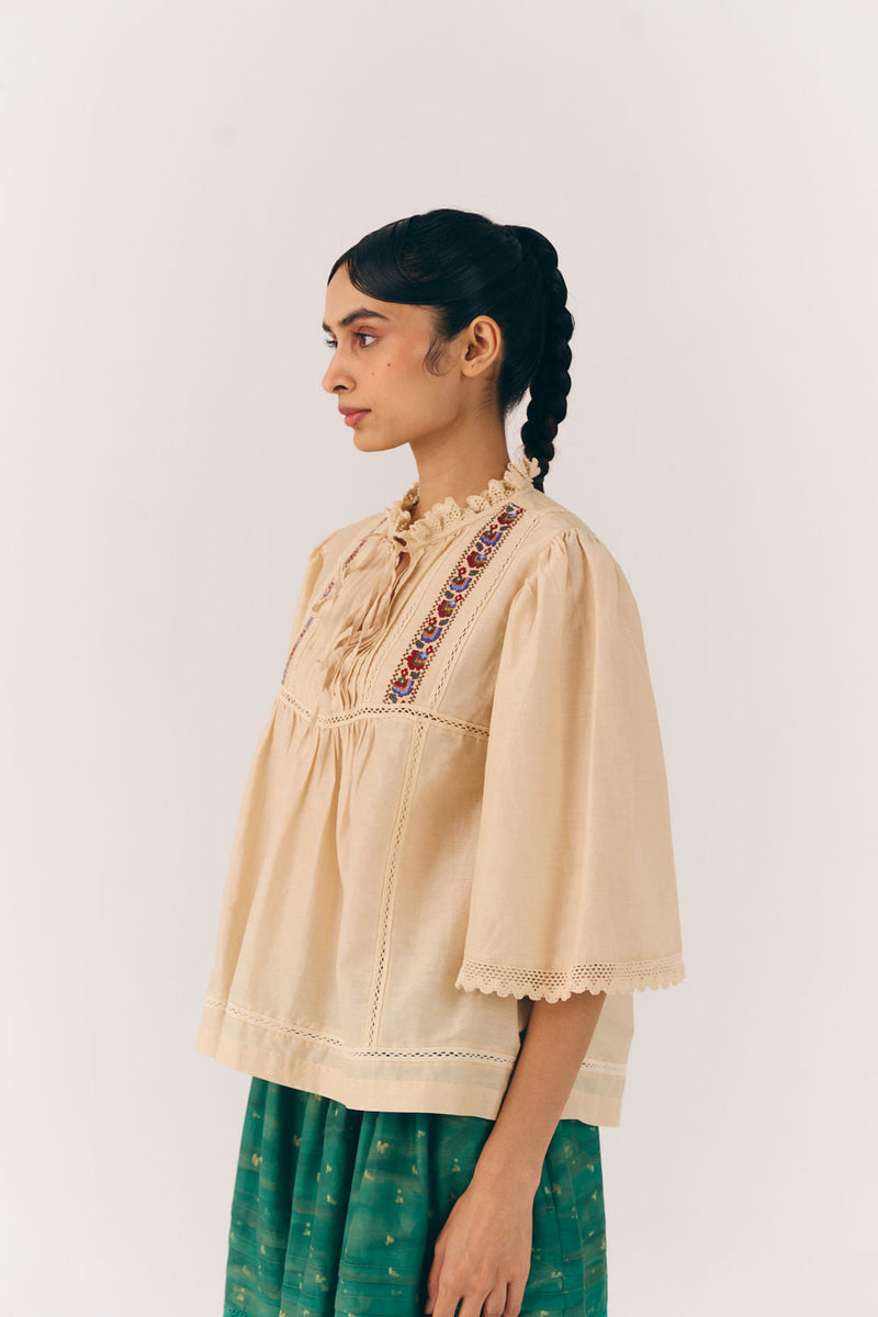 Rose Top-Ivory Floret cotton silk top and shirts by CORD in multi-color for women in Singapore