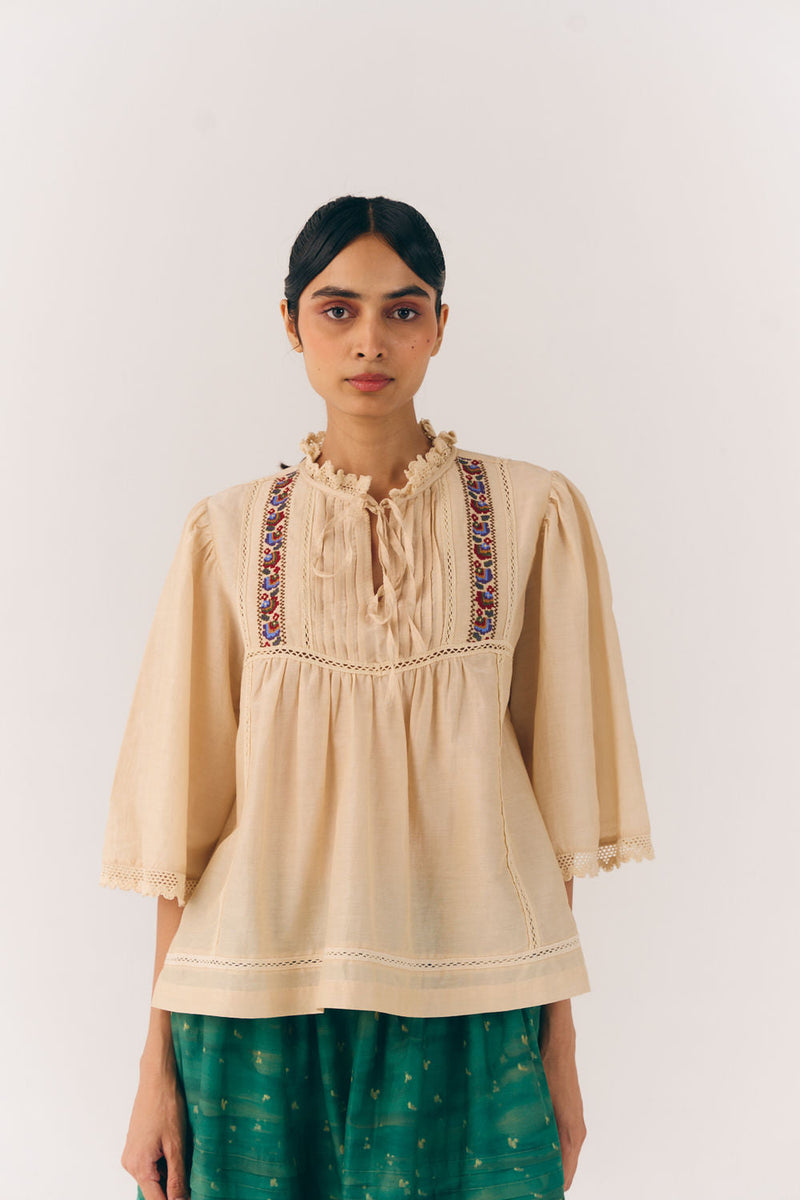 Rose Top-Ivory Floret cotton silk top and shirts by CORD in multi-color for women in Singapore