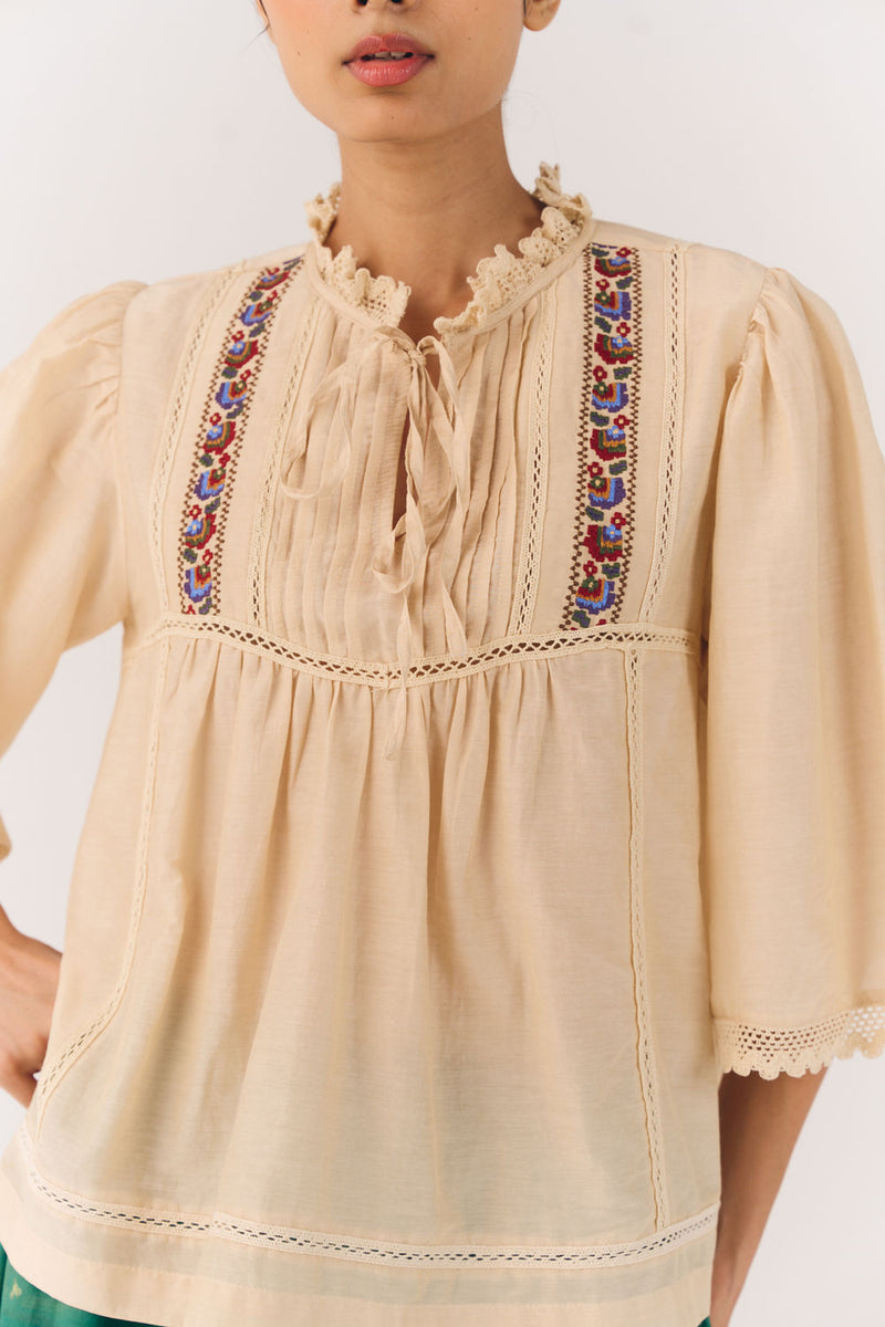 Rose Top-Ivory Floret cotton silk top and shirts by CORD in multi-color for women in Singapore