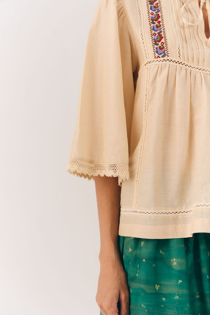 Rose Top-Ivory Floret cotton silk top and shirts by CORD in multi-color for women in Singapore