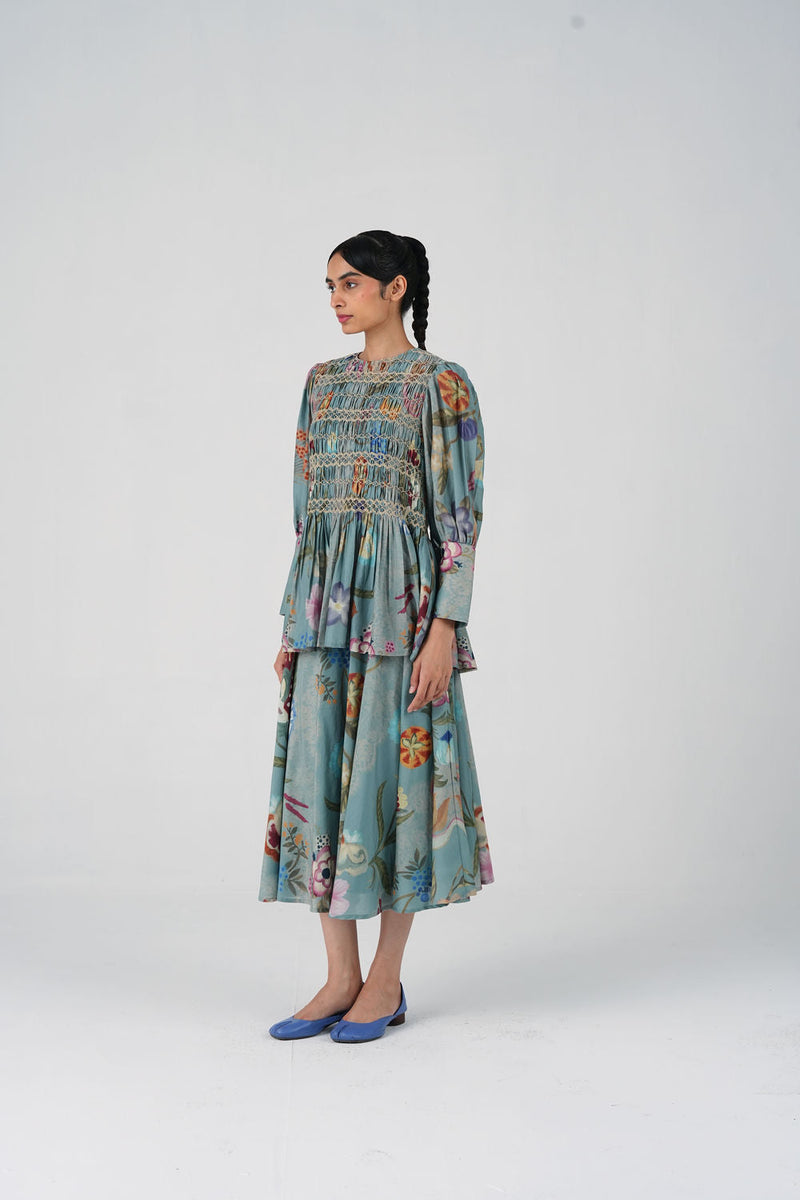 Gaia Set-Blue Floret cotton silk co-ord set by CORD in multi-color for women in Singapore