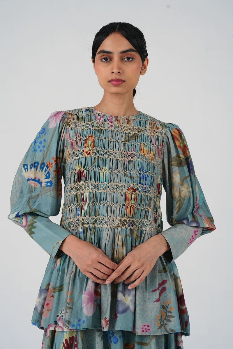 Gaia Set-Blue Floret cotton silk co-ord set by CORD in multi-color for women in Singapore