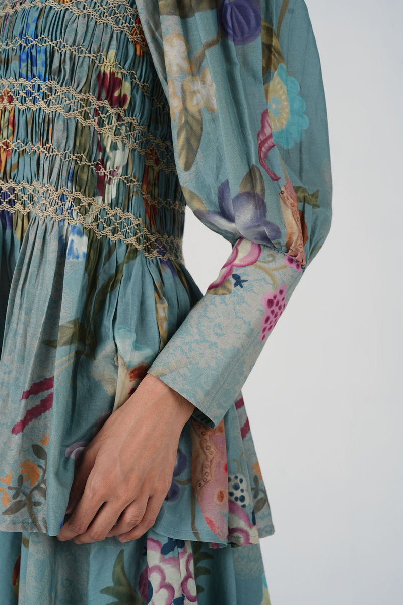 Gaia Set-Blue Floret cotton silk co-ord set by CORD in multi-color for women in Singapore