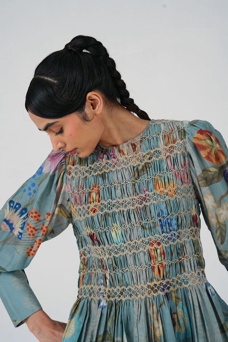 Gaia Top-Blue Floret cotton silk top and shirts by CORD in multi-color for women in Singapore