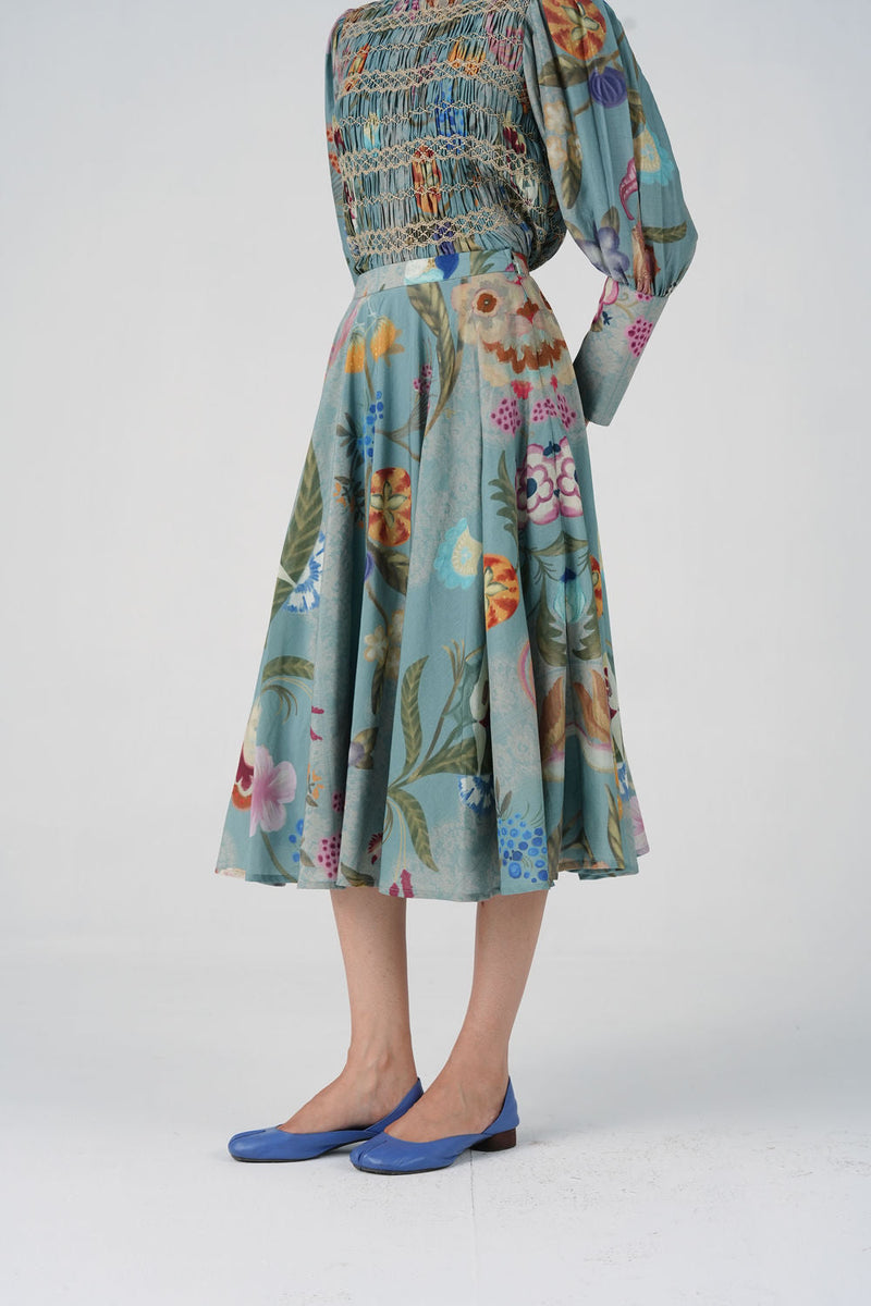 Bias Skirt-Blue Floret cotton silk skirt by CORD in multi-color for women in Singapore