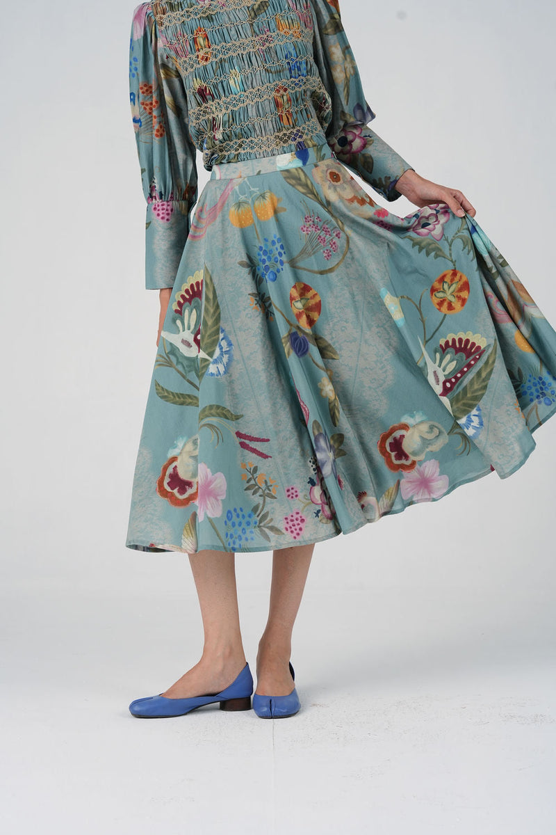 Bias Skirt-Blue Floret cotton silk skirt by CORD in multi-color for women in Singapore