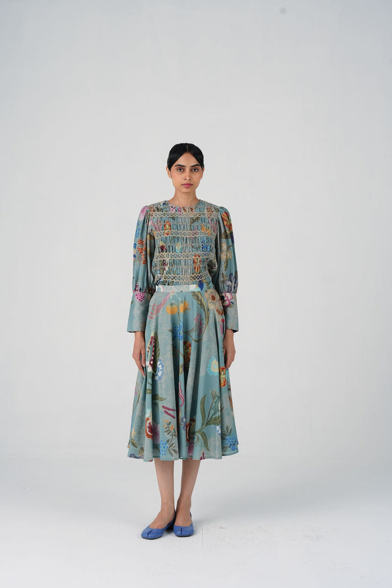 Gaia Set-Blue Floret cotton silk co-ord set by CORD in multi-color for women in Singapore