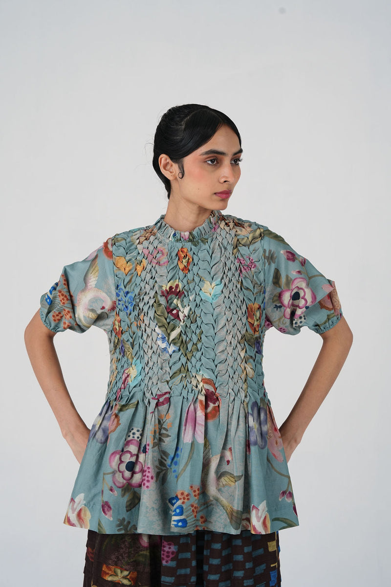 Amelia Top-Blue Floret cotton top and shirts by CORD in multi-color for women in Singapore