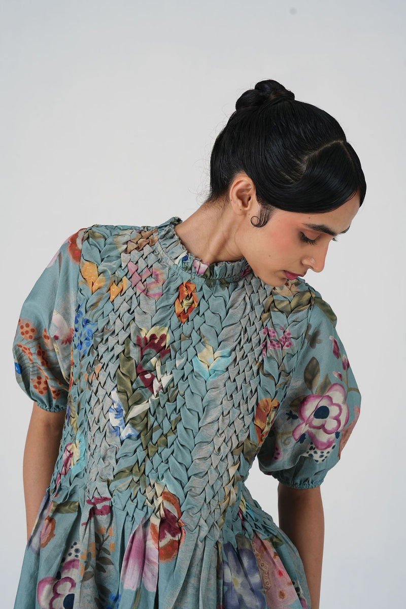 Amelia Top-Blue Floret cotton top and shirts by CORD in multi-color for women in Singapore