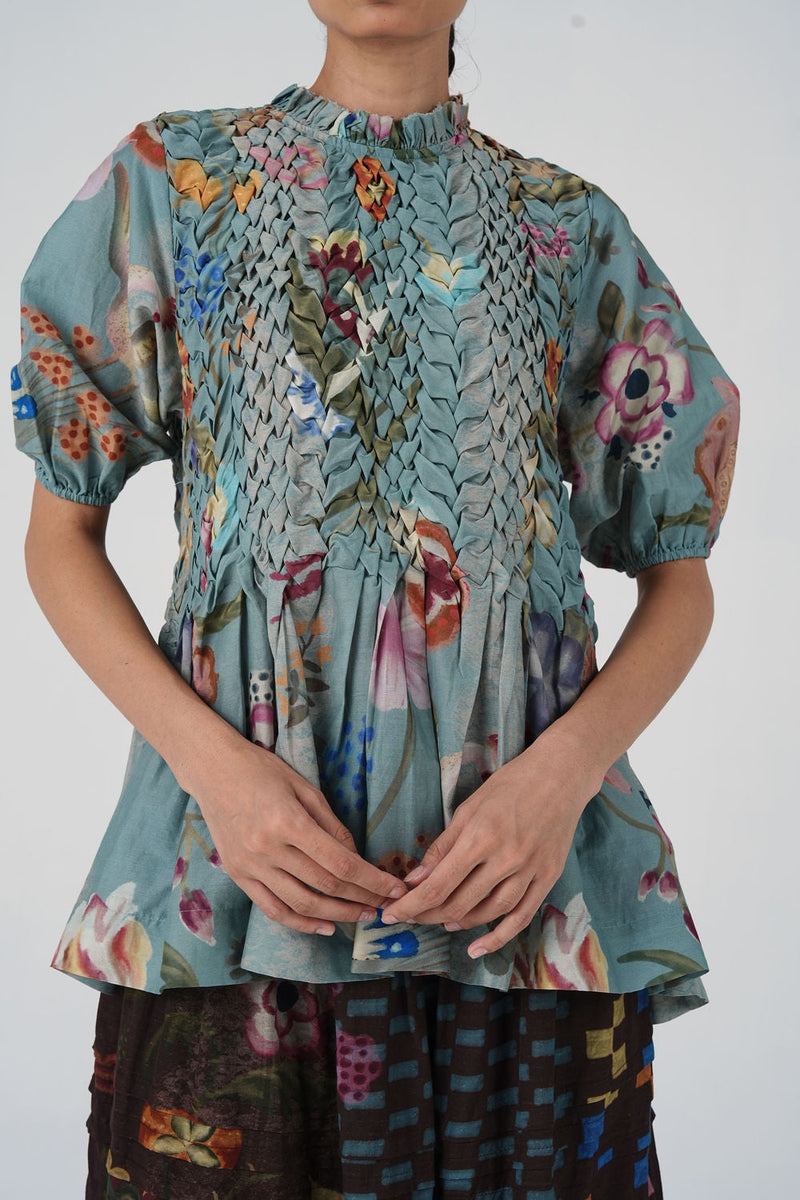 Amelia Top-Blue Floret cotton top and shirts by CORD in multi-color for women in Singapore