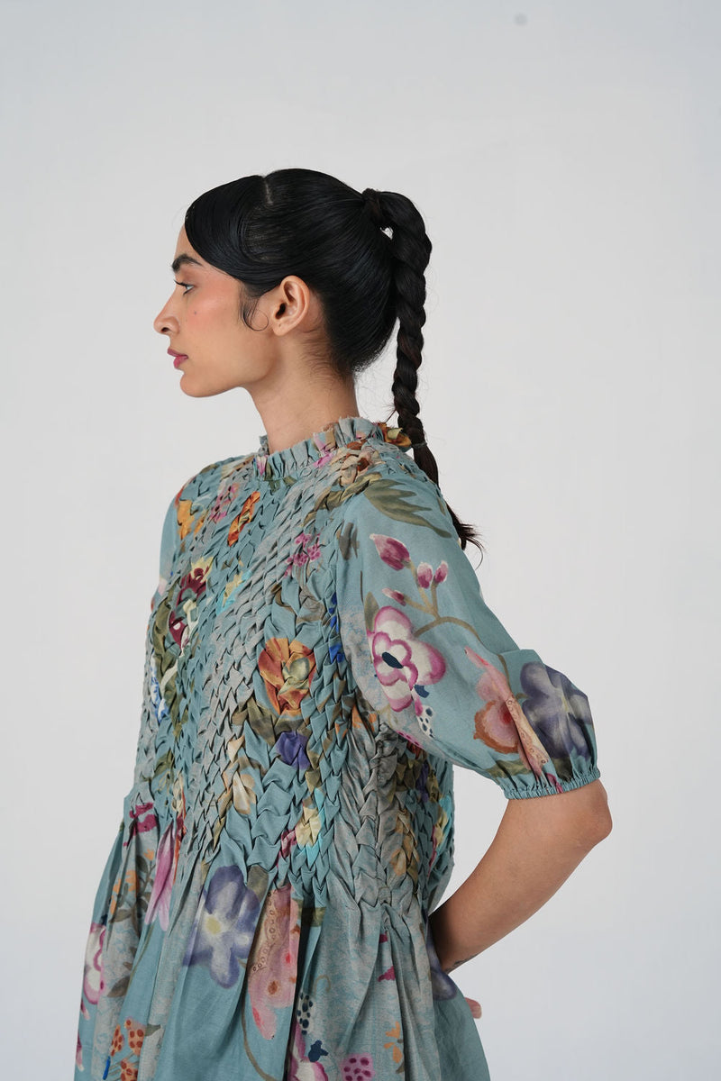 Amelia Top-Blue Floret cotton top and shirts by CORD in multi-color for women in Singapore
