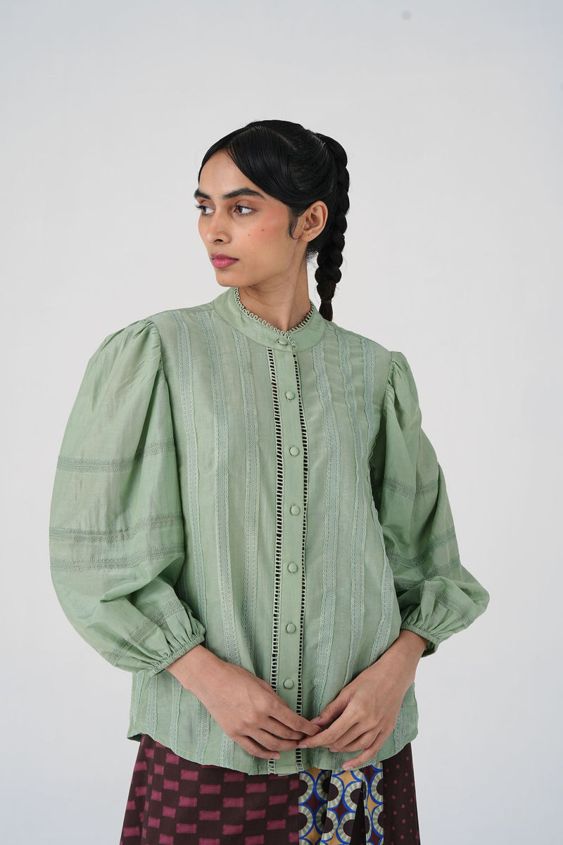 Anna Top-Mint cotton silk top and shirts by CORD in multi-color for women in Singapore