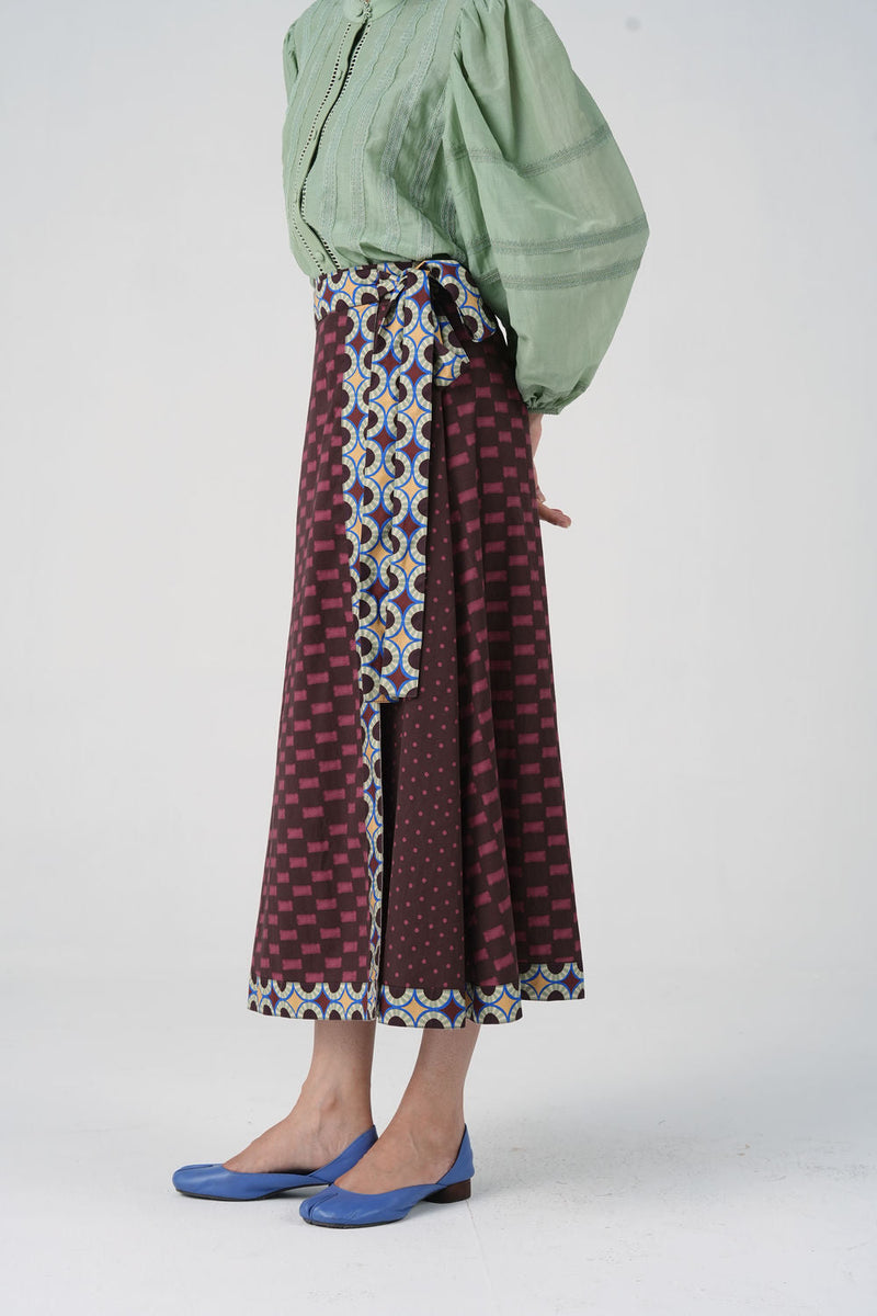 Wrap Skirt-Brown Checks cotton satin skirt by CORD in multi-color for women in Singapore