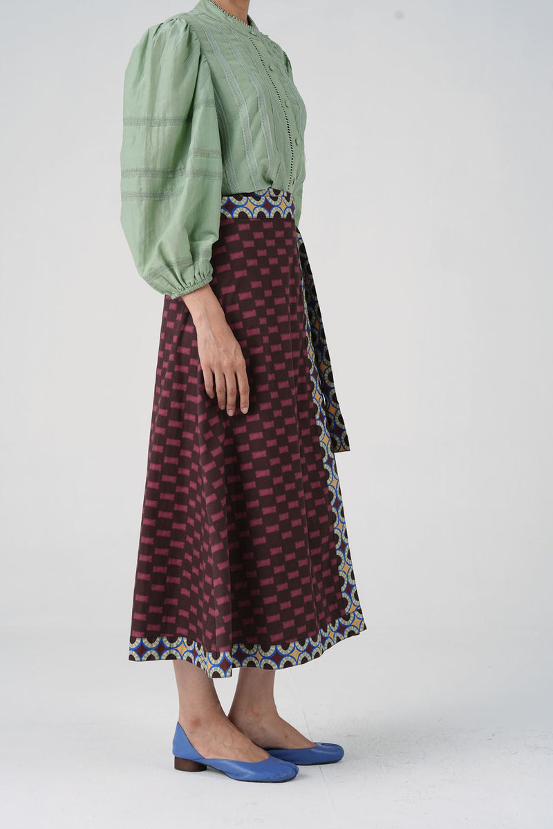 Wrap Skirt-Brown Checks cotton satin skirt by CORD in multi-color for women in Singapore