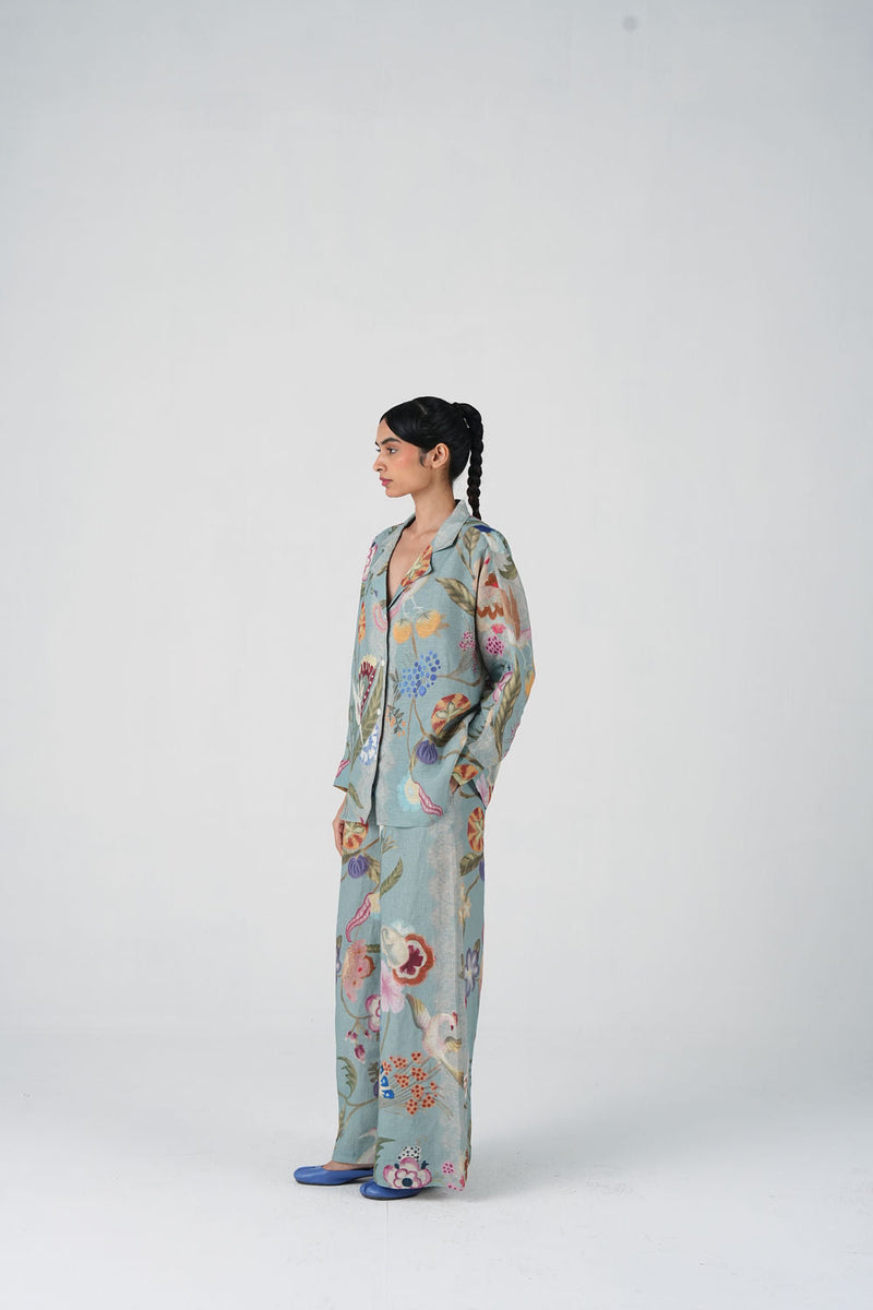 Lounge Set-Blue Floret linen co-ord set by CORD in multi-color for women in Singapore