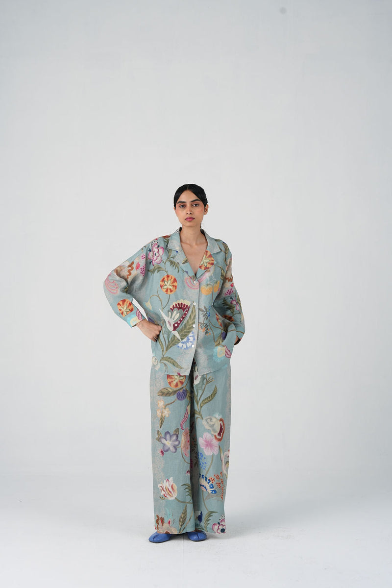 Lounge Set-Blue Floret linen co-ord set by CORD in multi-color for women in Singapore