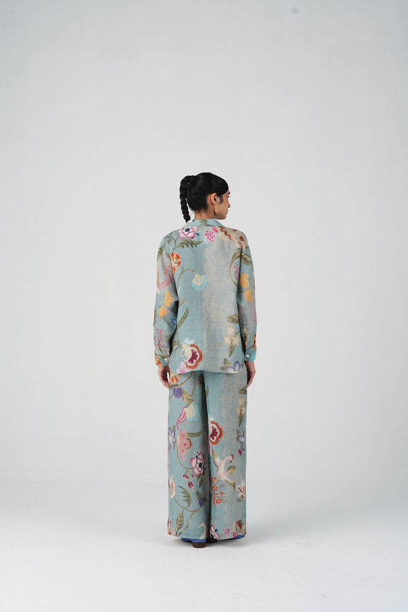 Lounge Set-Blue Floret linen co-ord set by CORD in multi-color for women in Singapore