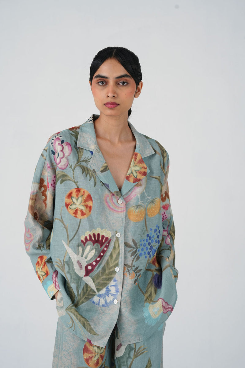 Lounge Shirt-Blue Floret linen top/shirt by CORD in multi-color for women in Singapore