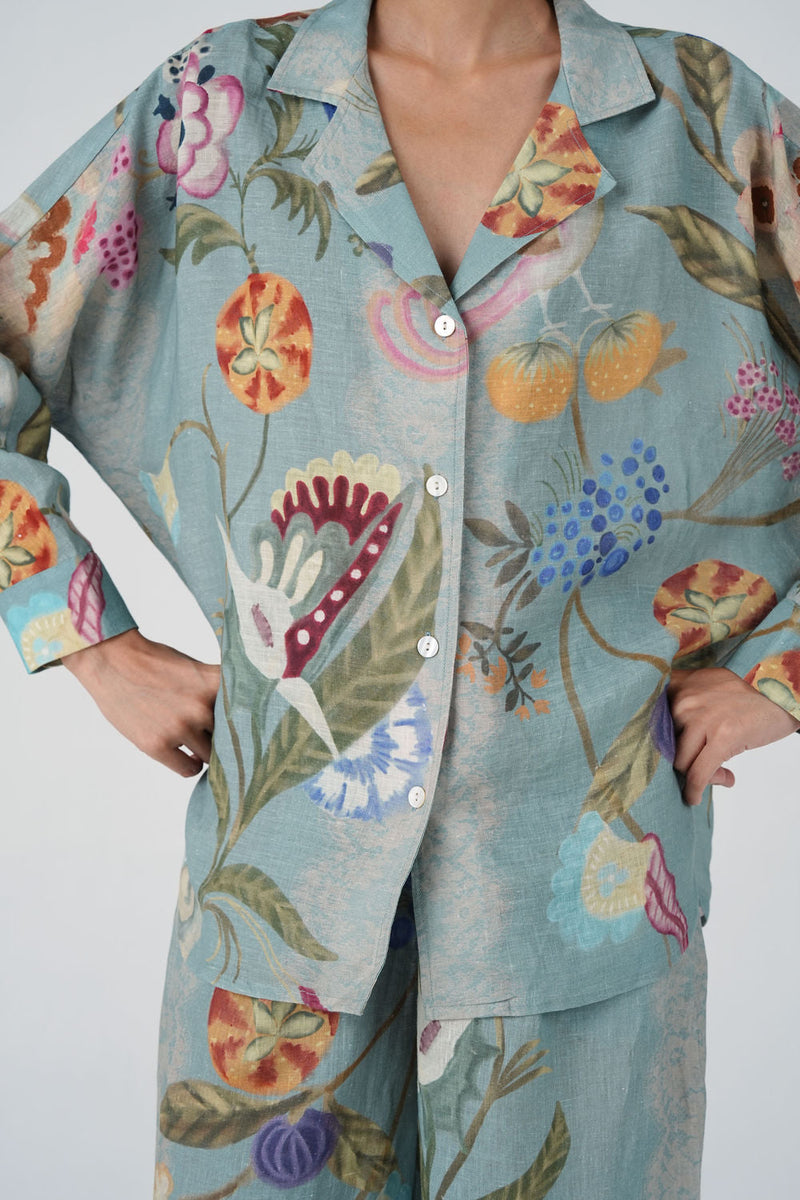Lounge Shirt-Blue Floret linen top/shirt by CORD in multi-color for women in Singapore