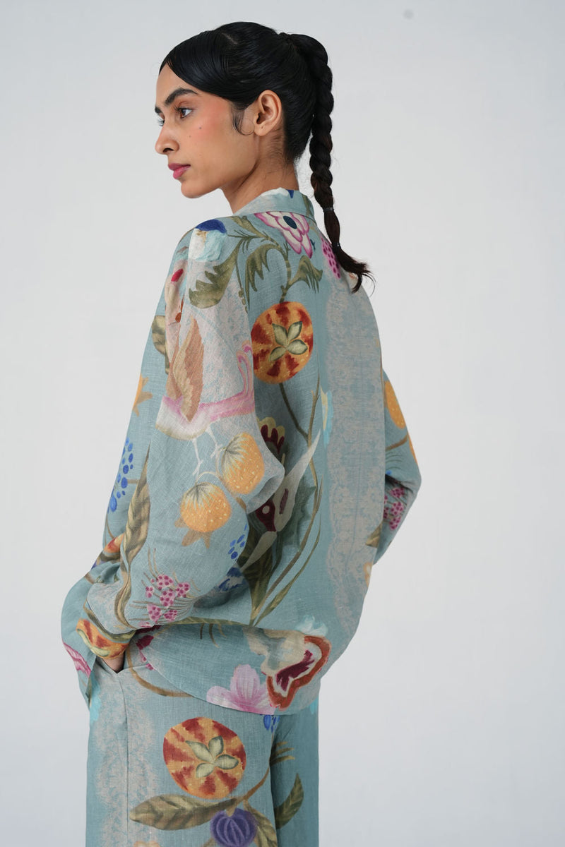 Lounge Shirt-Blue Floret linen top/shirt by CORD in multi-color for women in Singapore